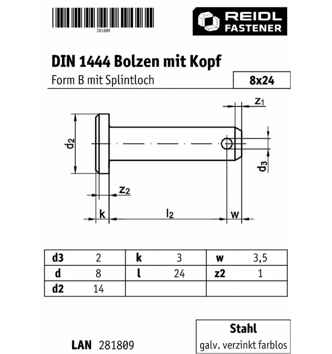 DIN 1444 Bolzen Mit Kopf 8x24 Stahl Galv Verzinkt Farblos Form B