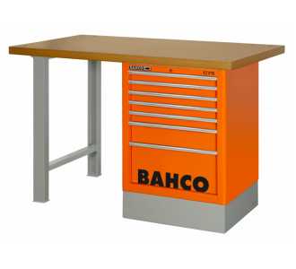 Bahco Robuste Werkbank aus MDF mit Schubladenschrank, 6 Schubladen und zwei Beinen, blau, 1500 mm x 750 mm x 1030 mm