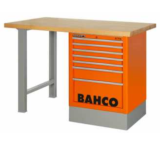 Bahco Robuste Werkbank mit Schubladenschrank, 6 Schubladen, Holz-Arbeits/-Ablageplatte und zwei Beinen, blau, 1500 mm x 750 mm x 1030 mm