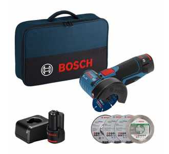 Bosch Akku-Winkelschleifer GWS 12V-76, incl. 2x Akku GBA 2 Ah, Ladegerät, Zubehör, Werkzeugtasche
