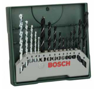 Bosch Mini-X-Line Mixed-Set, 15-tlg., 5 Stein-, 5 Metall-, 5 Holzbohrer