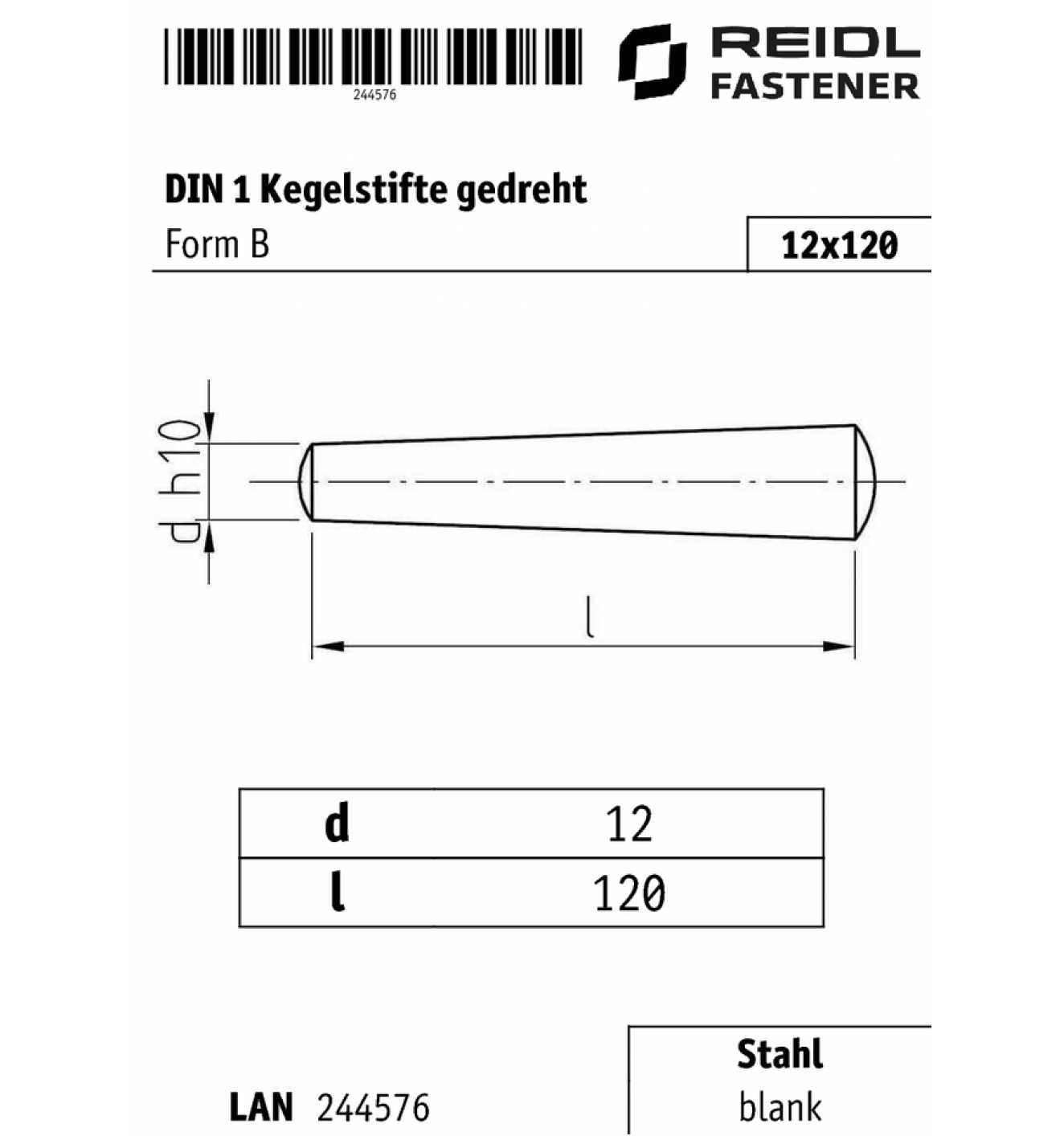 Kegelstifte DIN 1 Stahl blank Form B gedreht d 8-12 mm 