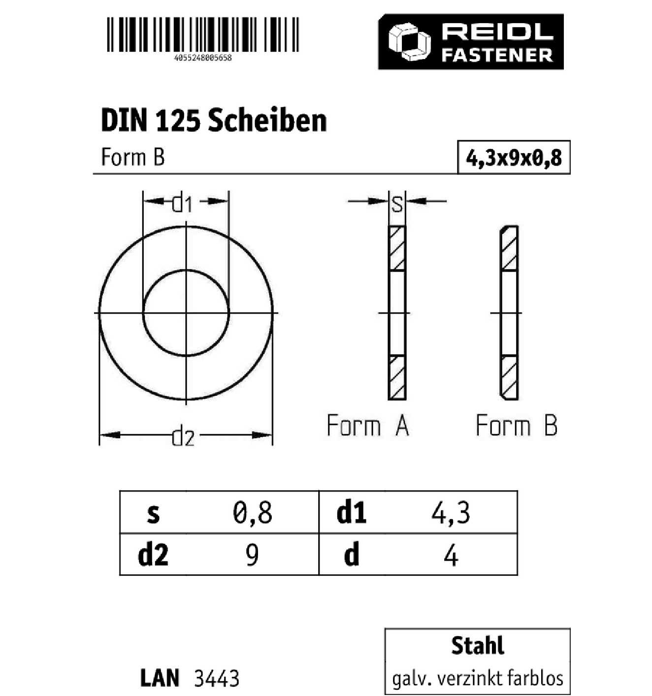 DIN 125 Scheiben, Form B, 4,3 (4,3x9x0,8) Stahl Galvanisch Verzinkt ...