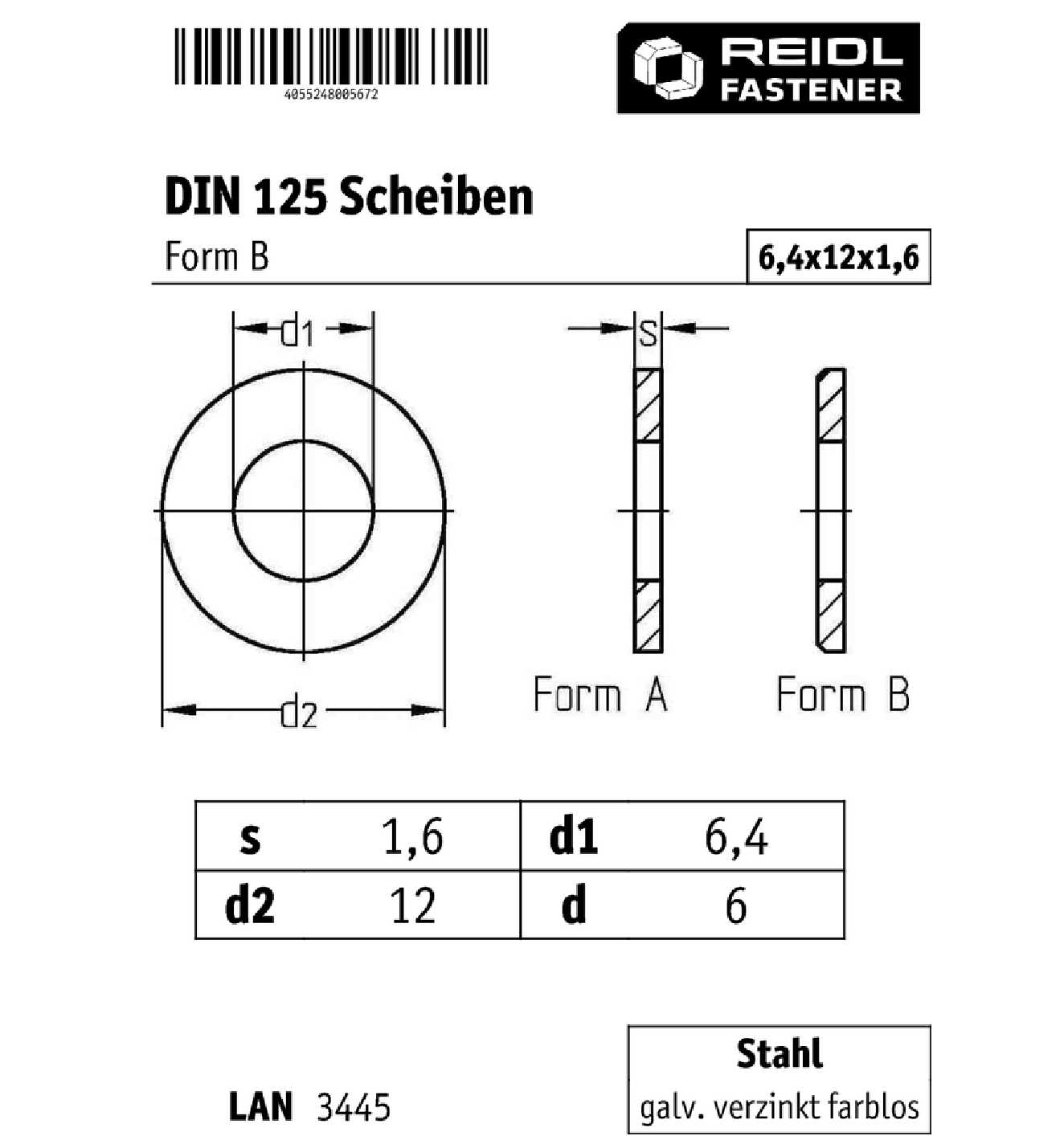 1000 Unterlegscheiben DIN 125 Form B galvanisch verzinkt 6,4 mm