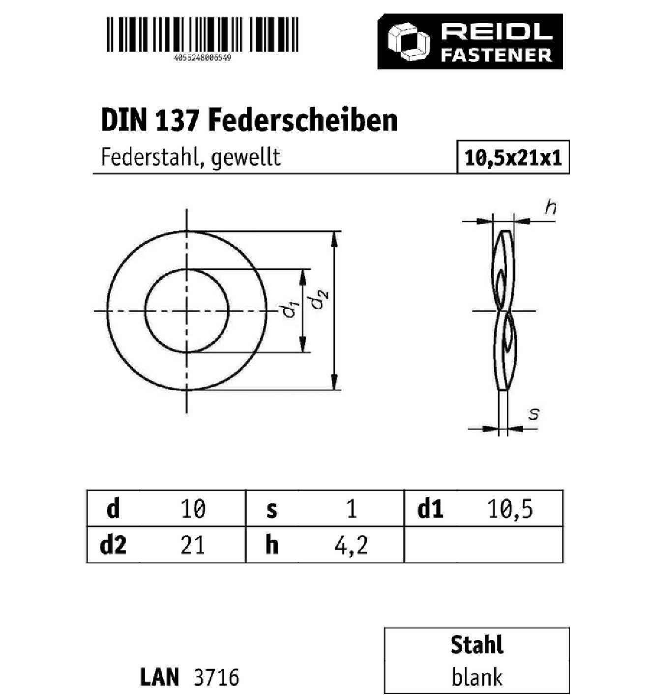 DIN 137 Federscheiben Form B, 10 (10,5x21x1), Gewellt, Stahl Blank ...