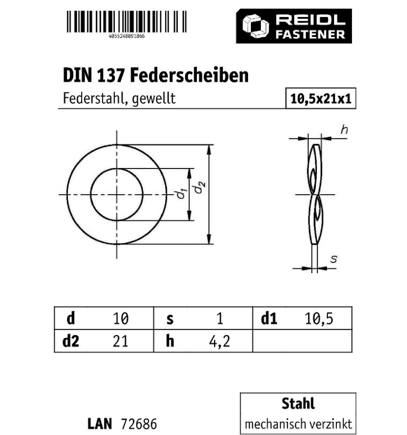 DIN 137 Federscheiben Form B, 10 (10,5x21x1), Gewellt, Stahl Mechanisch ...