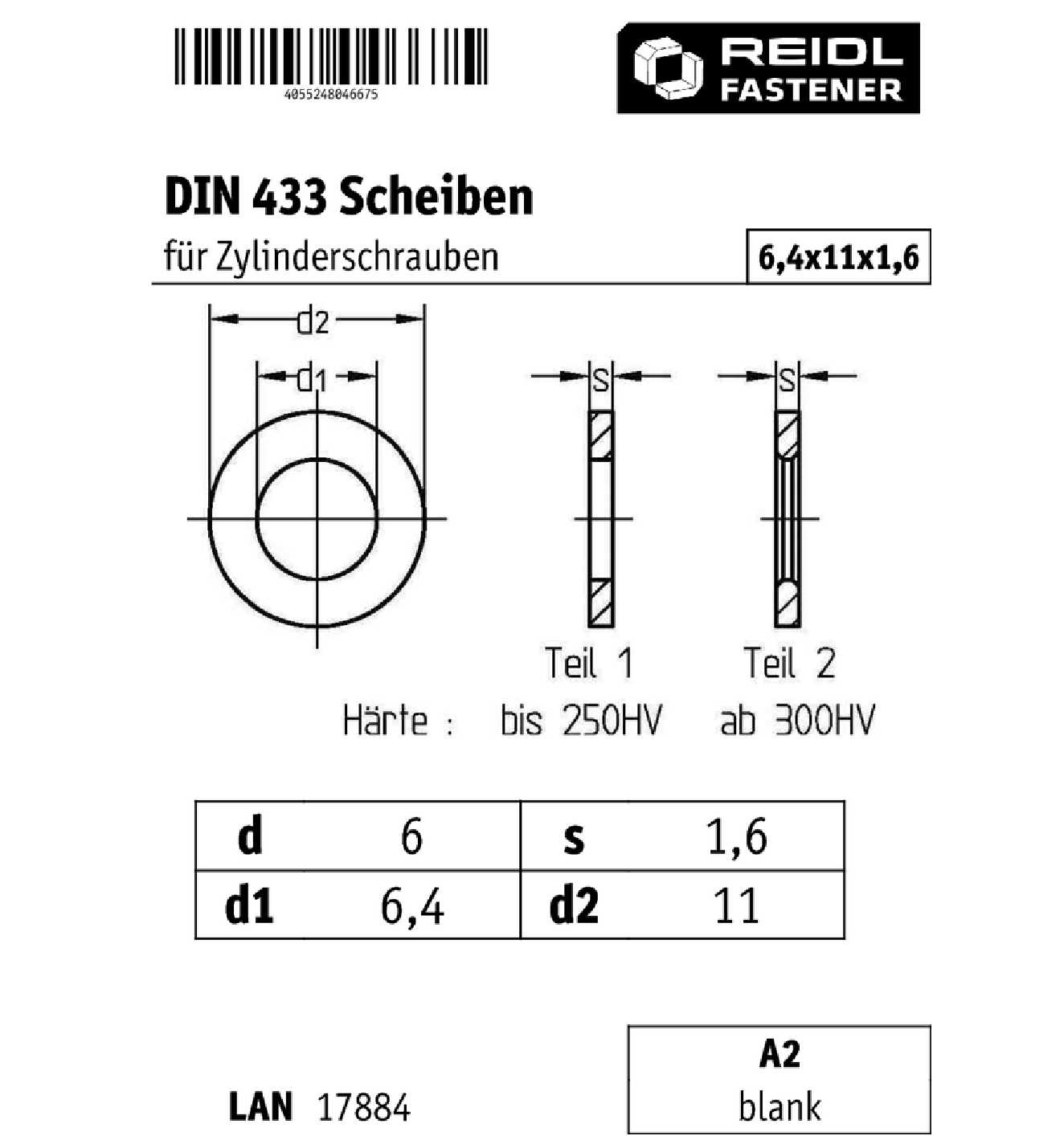 Scheiben für Zylinderschrauben DIN 433 - M6 A2 100 Stück, € 1,67