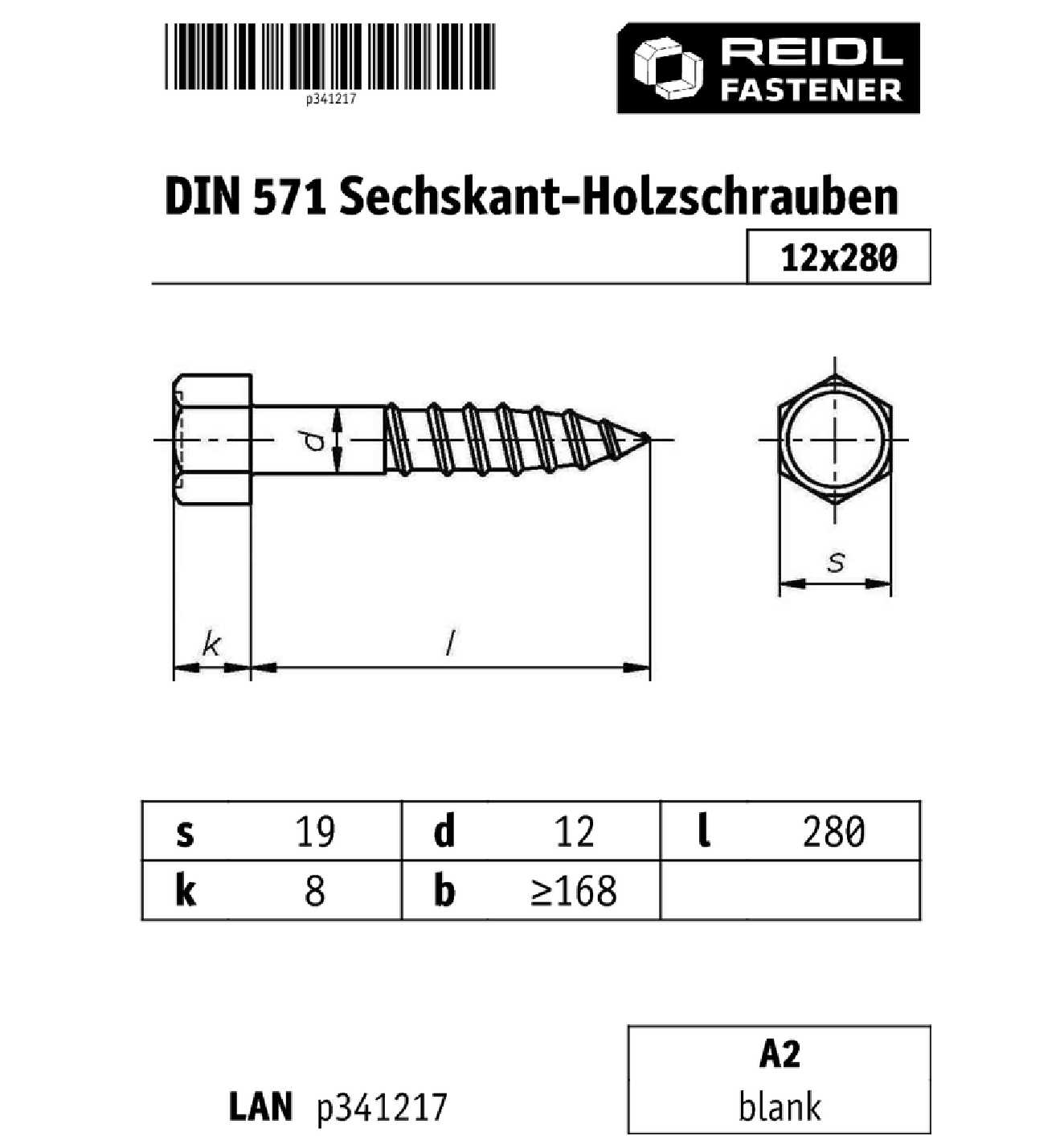 DIN 571 Holzschrauben, 12 x 280 A2 blank, Außensechskant - bei   online kaufen
