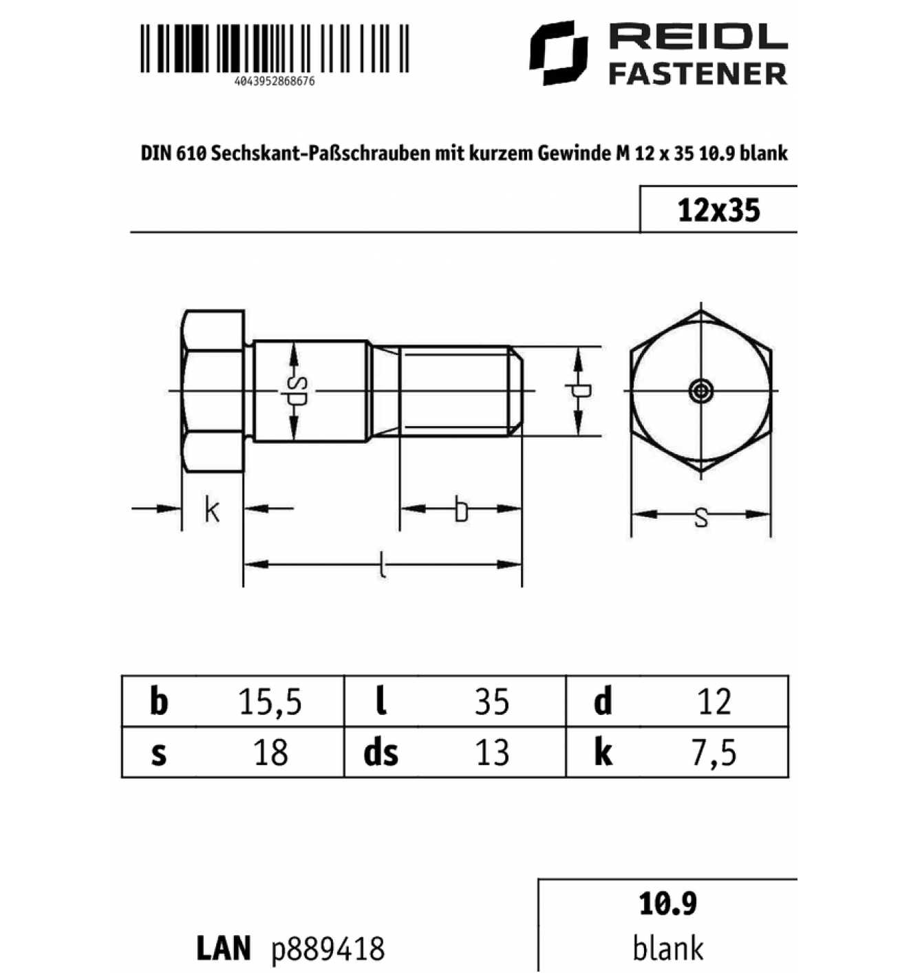 Sechskant-Passschrauben mit kurzem Gewindezapfen DIN 610 10.9 Stahl blank 