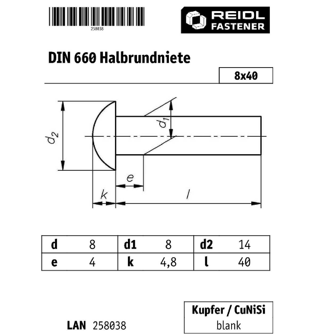 DIN 660 Halbrundniete 8x40, Kupfer / CuNiSi blank - bei Reidl.de online ...