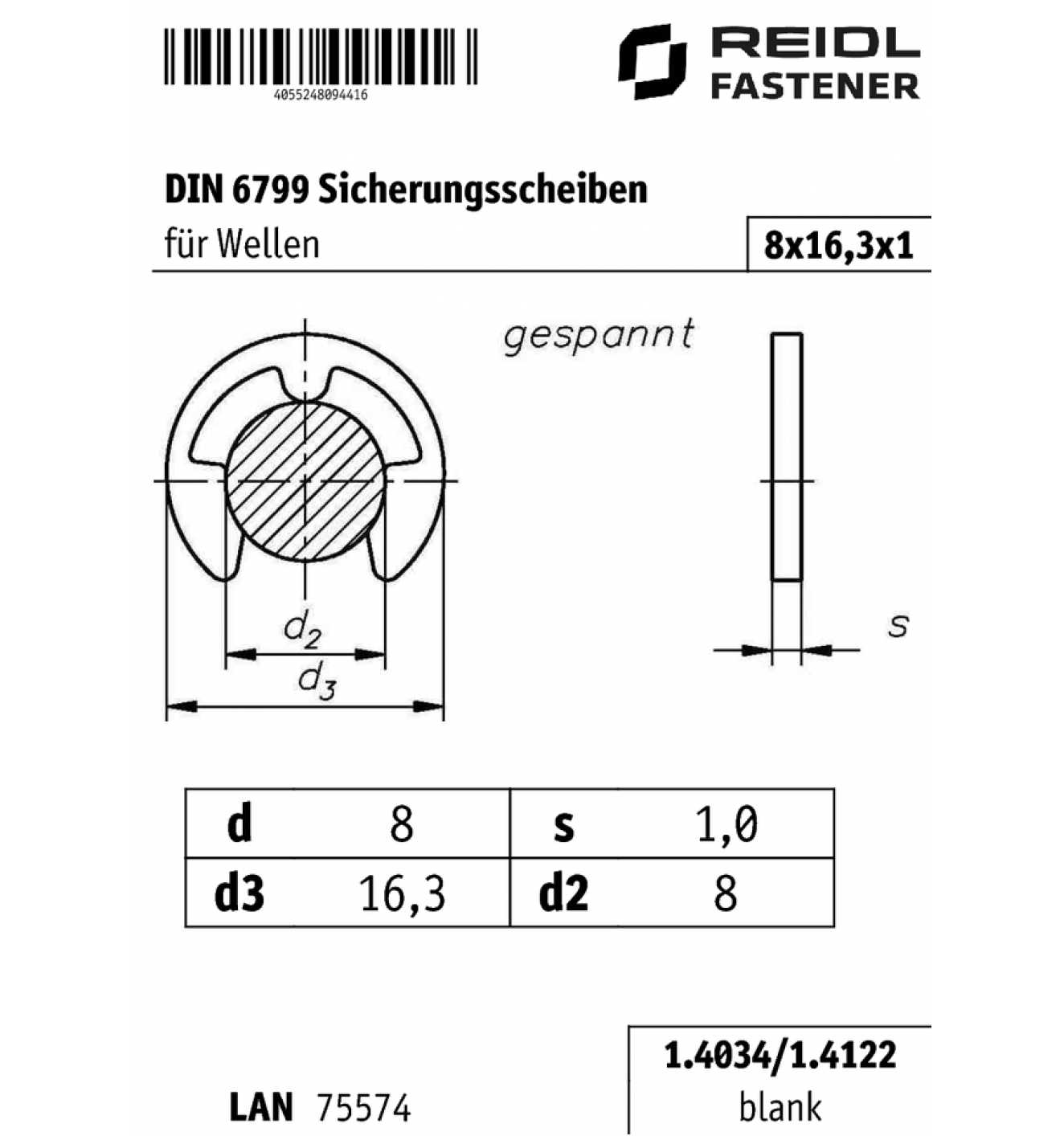 DIN 6799 Sicherungsscheiben 8 x 16,3 x 1, für Wellen, 1.4034/1.4122 ...