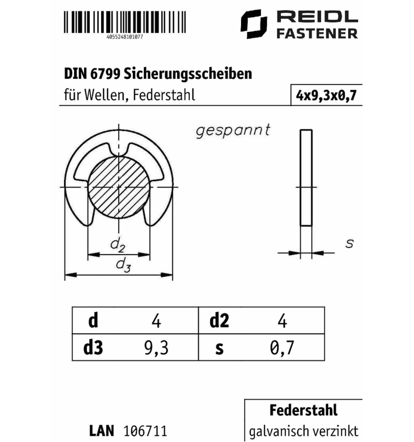 DIN 6799 Sicherungsscheiben 4 x 9,3 x 0,7, für Wellen, Federstahl  galvanisch verzinkt - bei  online kaufen