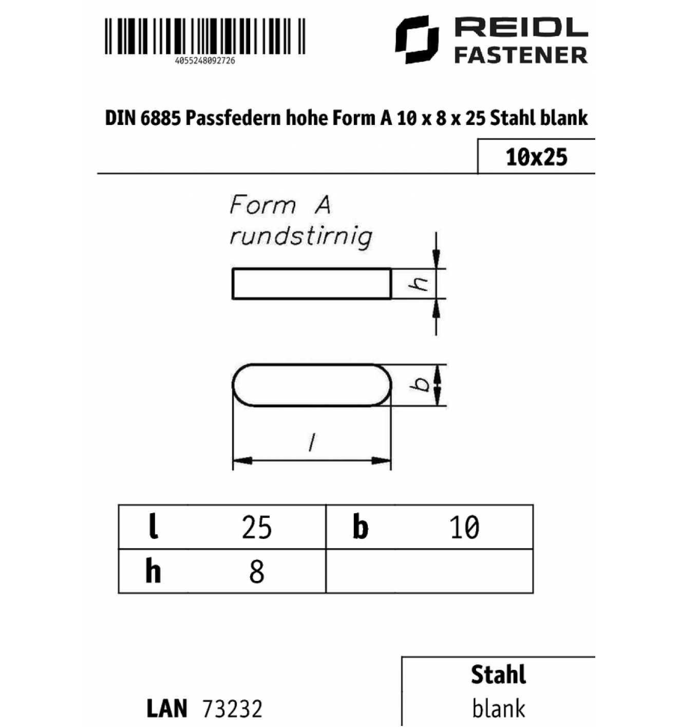 DIN 6885 Passfedern hohe Form A 10 x 8 x 25 Stahl blank - bei  online  kaufen