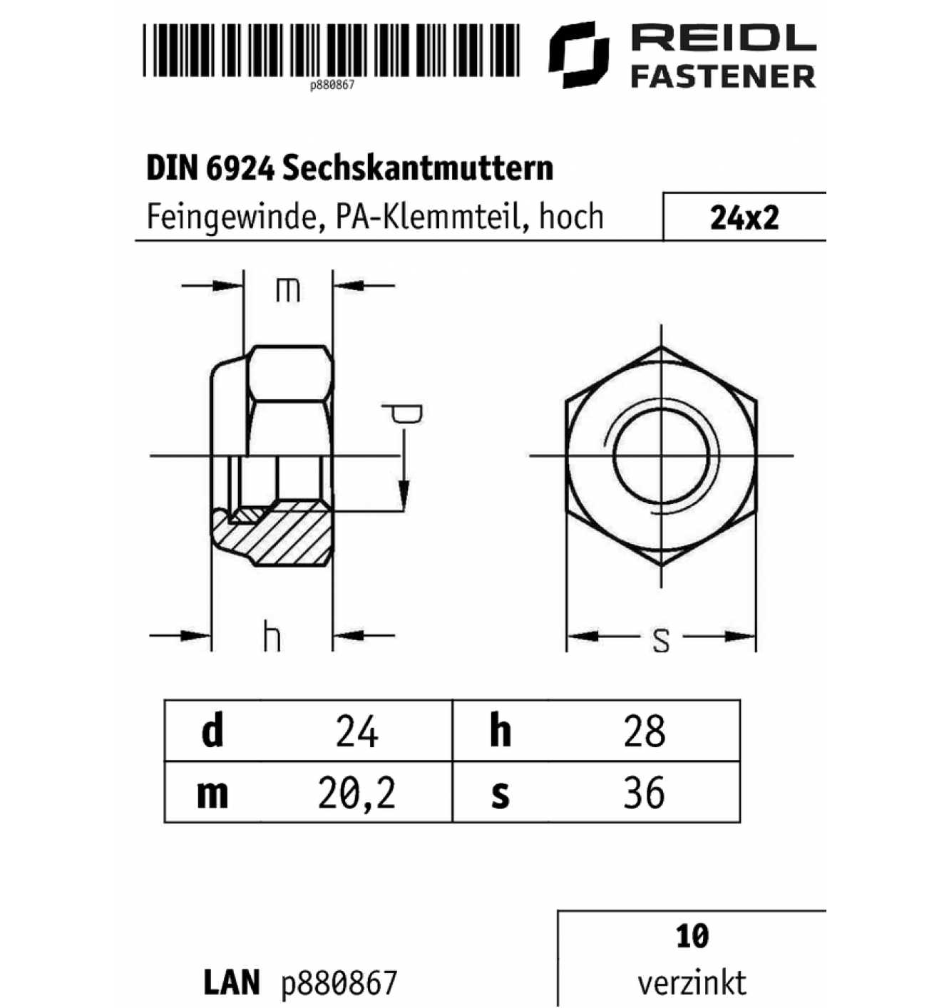 DIN 6924 Sechskantmutter Feingewinde M 24 x 2, Stahl Klasse 10 ...