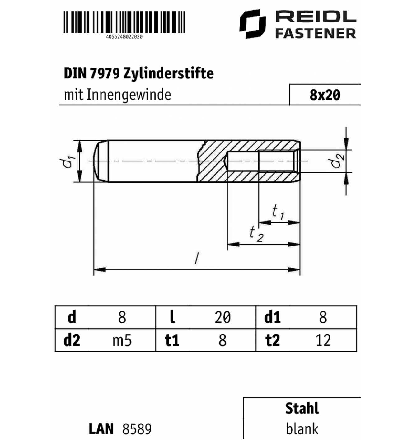 Zylinderstift DIN 7979 m.Innengewinde D 8 x 50 Stahl gehärtet Toleranz m6 DIN... 