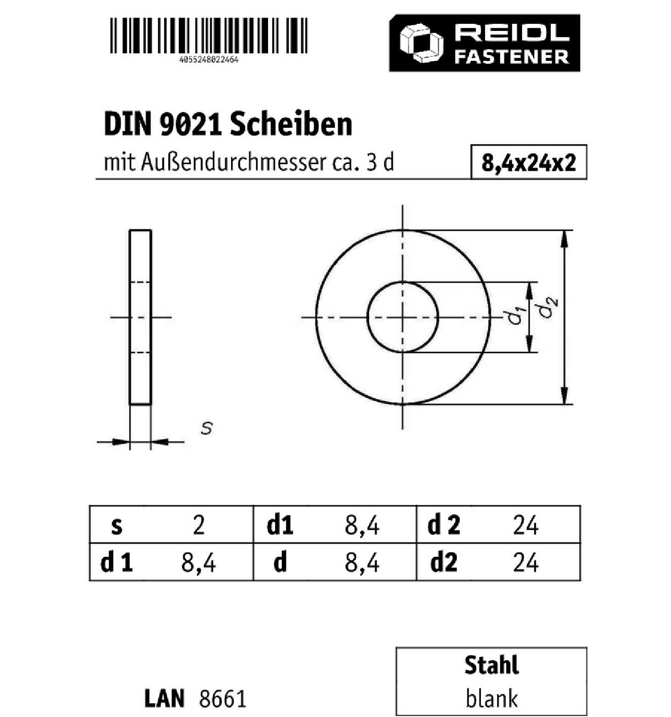DIN 9021 - Unterlegscheiben 8 x 24 - für Schrauben 8 mm