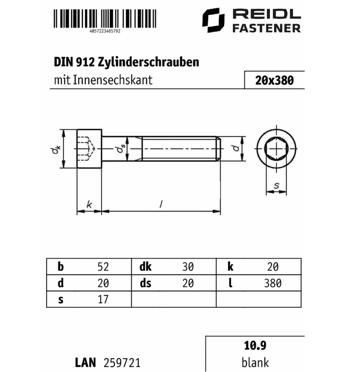 Zylinderschrauben mit Innensechskant DIN 912 10.9 Stahl blank M 20 