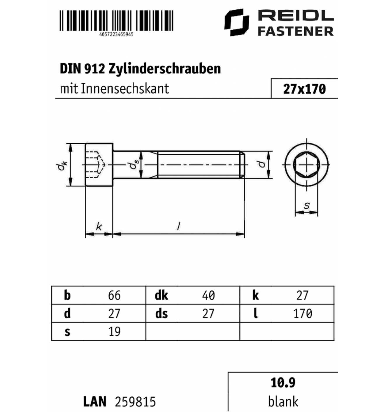 Zylinderschrauben mit Innensechskant DIN 912 10.9 Stahl blank M 27 