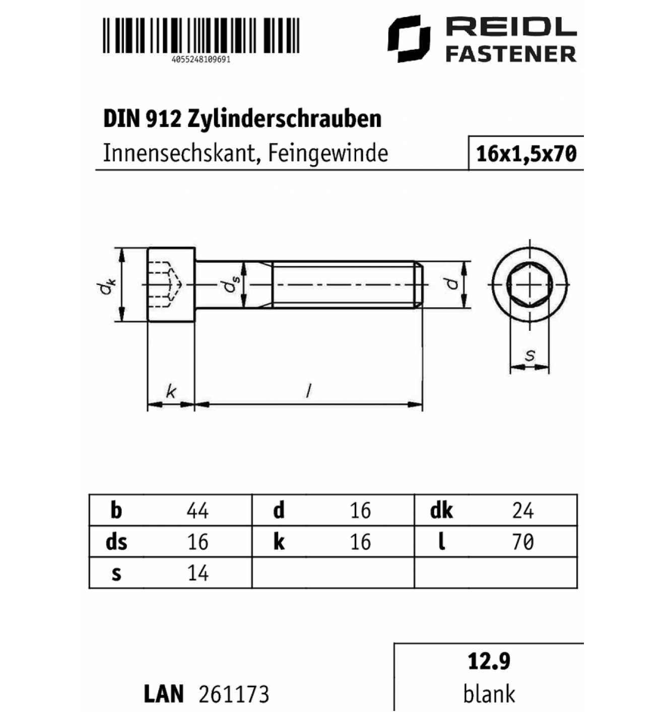 Stahl 12.9 blank Zylinderschraube DIN 912 Feingewinde M 12 x 1,25 