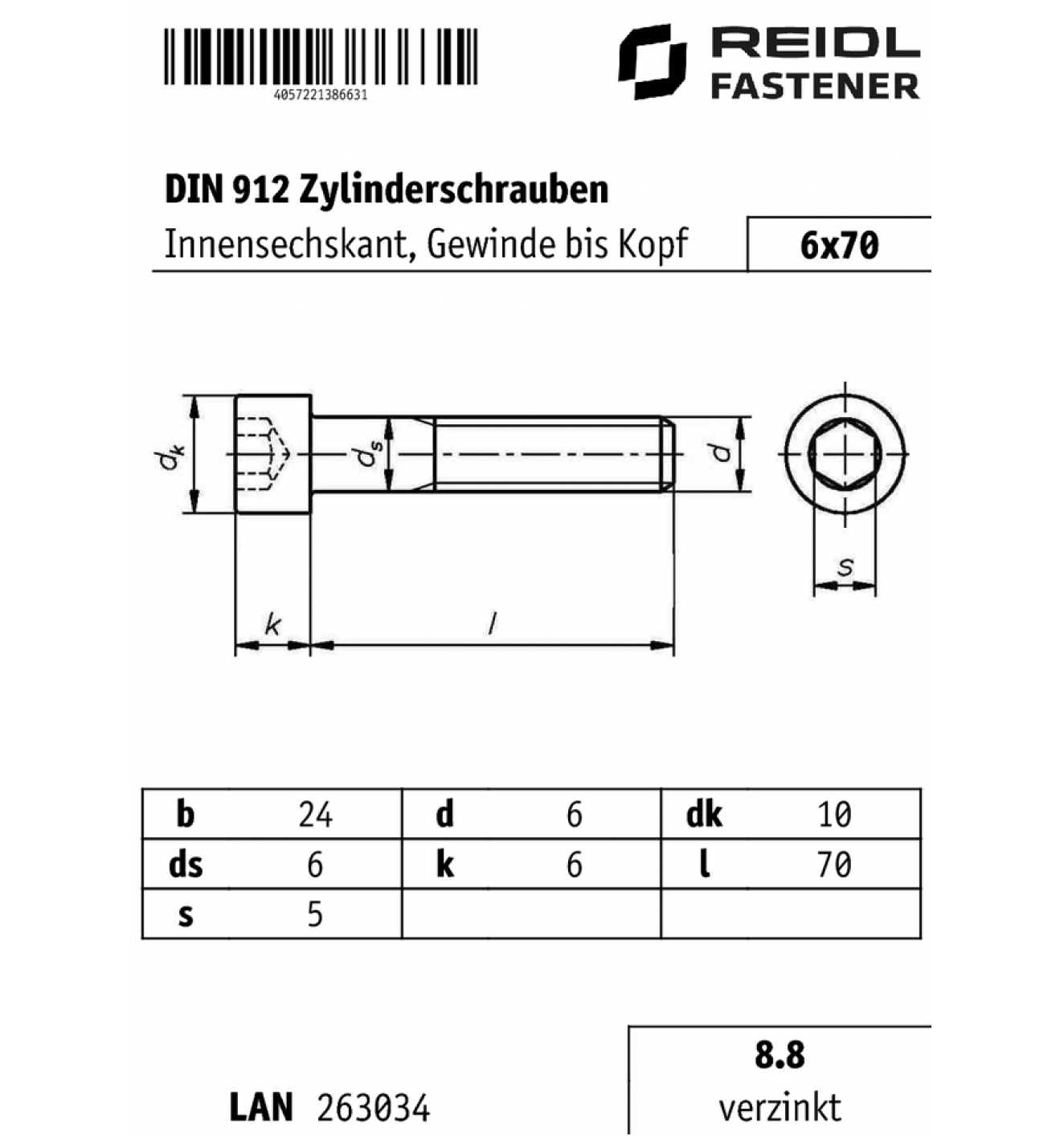 Zylinderkopfschrauben mit Vollgewinde, DIN 912