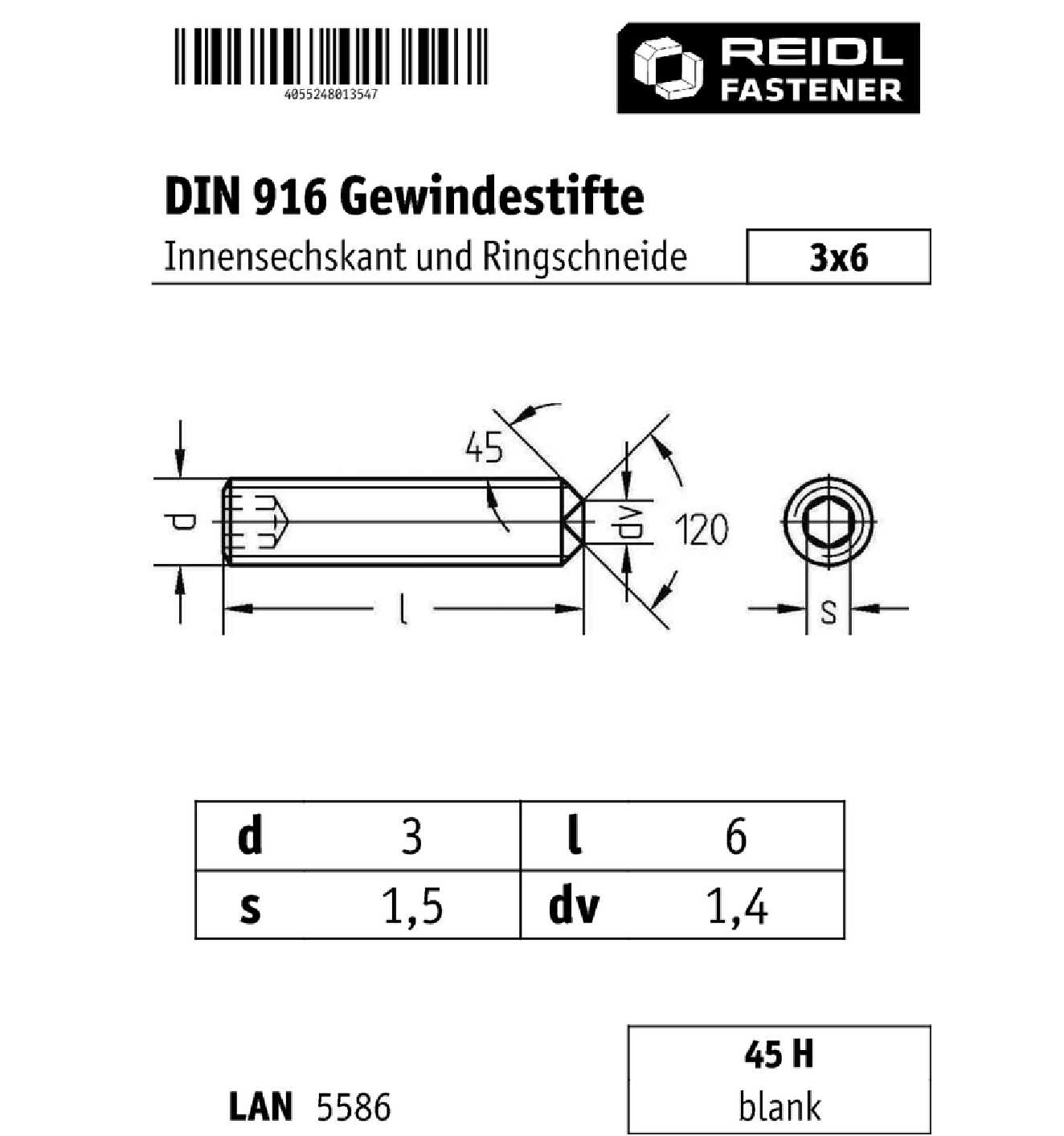 M3 DIN916 45H Gewindestifte Ringschneide Innensechskant Madenschrauben blank M3x 