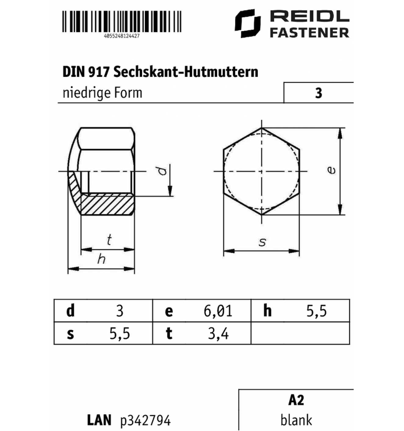 25x DIN 917 Sechskant-Hutmutter M 12 niedr Form A4 blank 