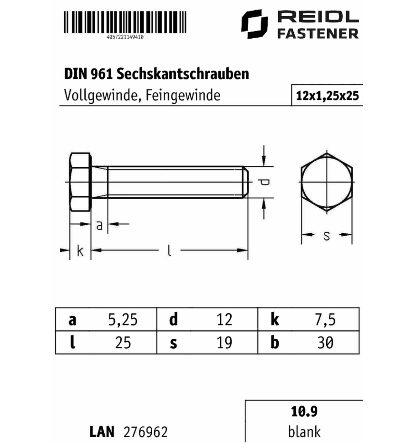 Ersatz Schraube DIN 961 12,9