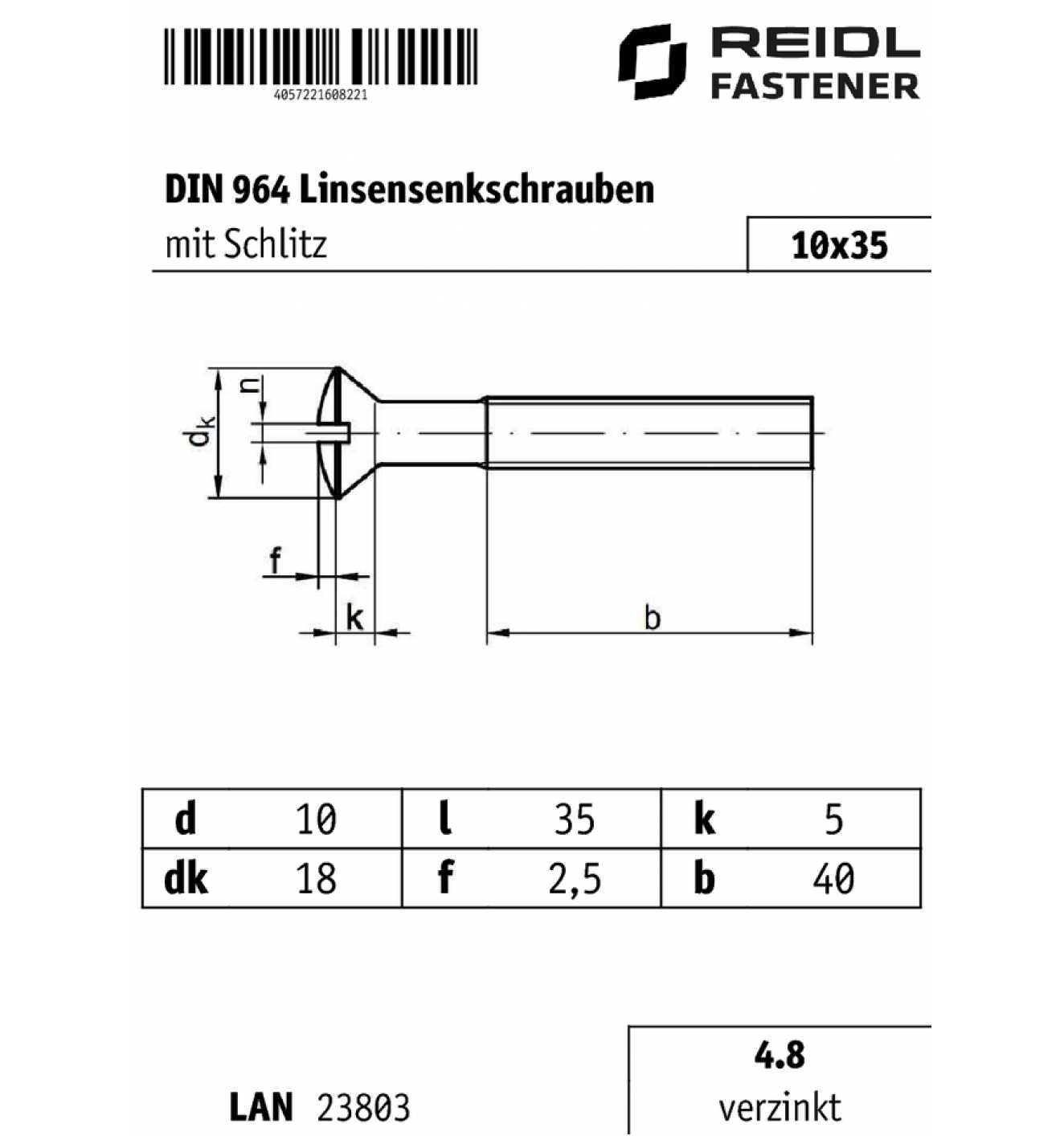 10x DIN 964 Linsensenkschraube mit Schlitz M 4 x 35 A2 blank 