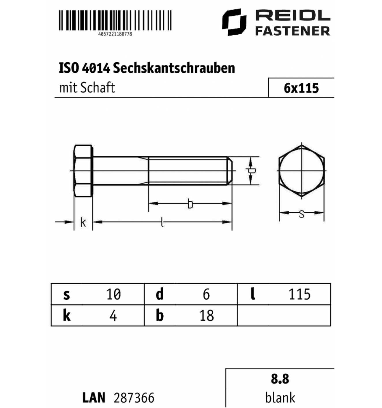 Sechskantschrauben mit Schaft ISO 4014 8.8 Stahl blank Durchmesser M6 bis M7 