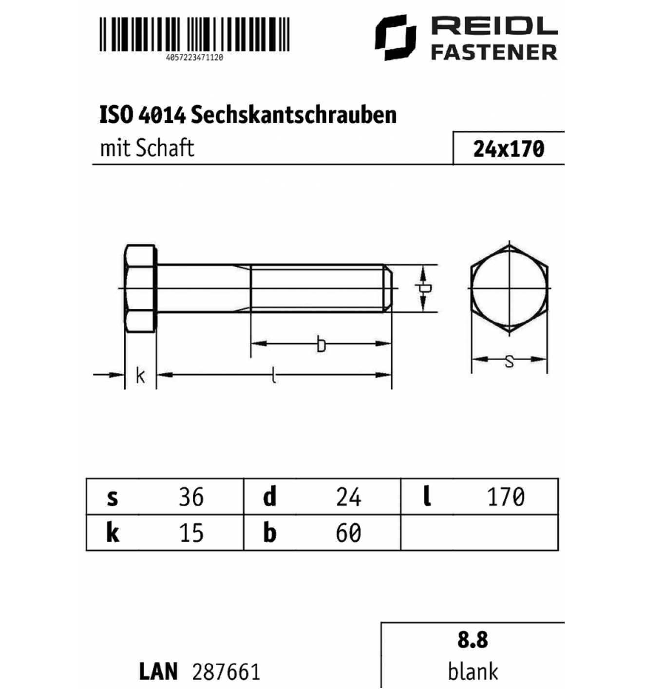 Sechskantschrauben mit Schaft ISO 4014 8.8 Stahl blank Durchmesser M24 