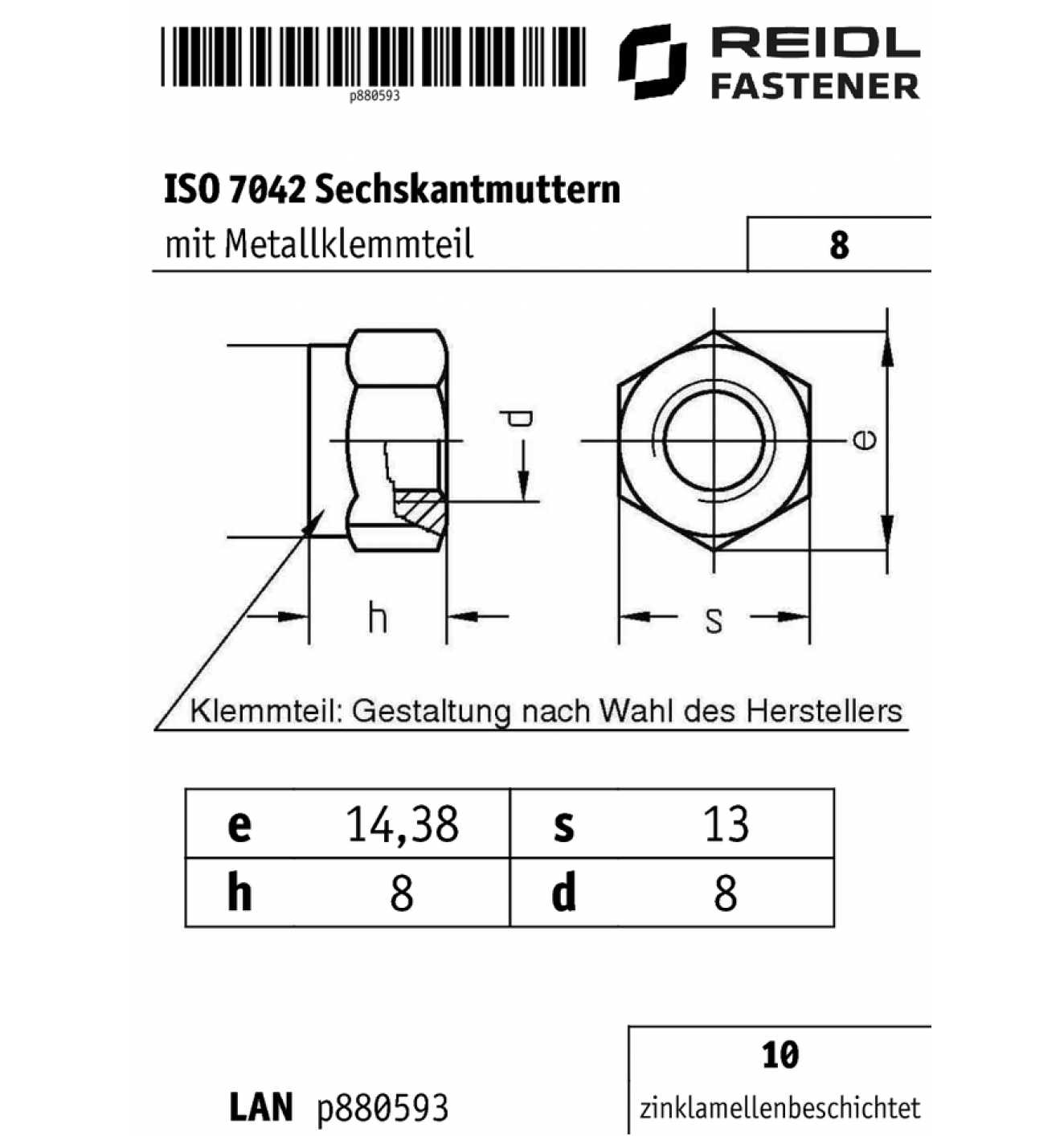 Ganzmetall-Sechskantmuttern selbstsichernd ISO 7042 8 Stahl zinklamellenbesch. 