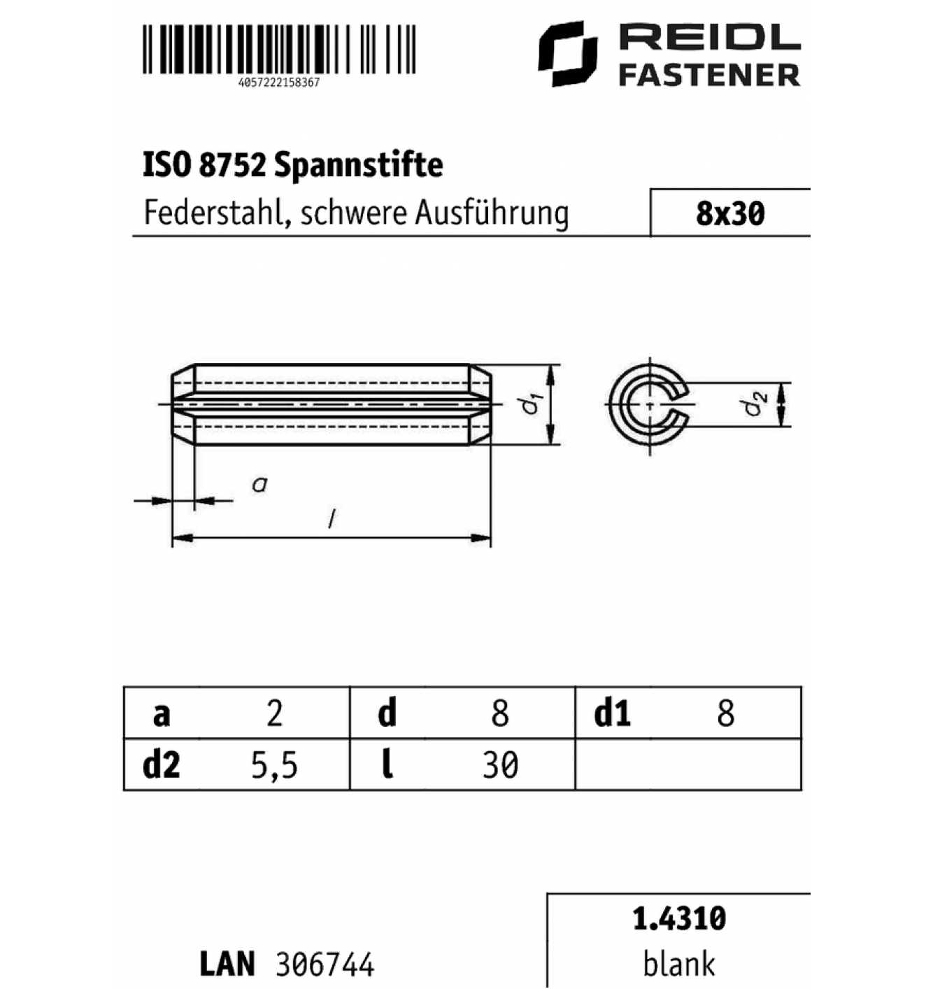 ISO 8752 Spannstifte/Spannhülsen 10x30 KP 