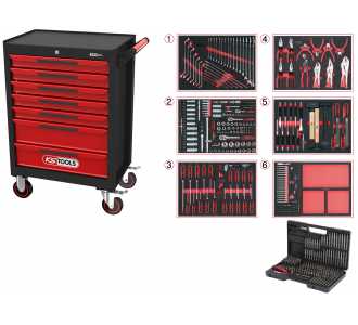 KS Tools ECOline Werkstattwagen schwarz/rot, mit 7 Schubladen und 598 Premium-Werkzeugen
