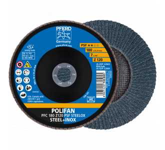 PFERD POLIFAN Fächerscheibe PFC 180x22,23 mm konisch Z120 Uni.-Linie PSF STEELOX Stahl/Edelstahl