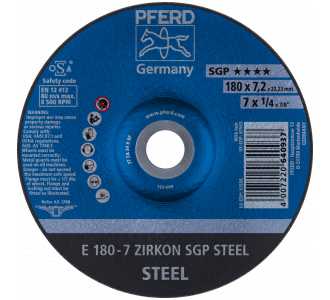 PFERD Schruppscheibe E 180x7,2x22,23 mm ZIRKON Speziallinie SGP STEEL für Stahl