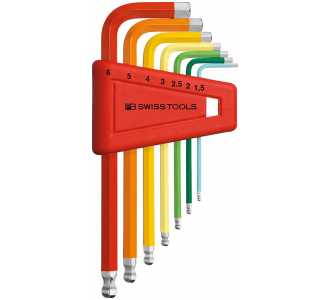 Swiss Tools Winkelschraubendreher- Satz im Kunststoffhalter 7-teilig 1,5-6mm Rainbow Kugelkopf, farbcodiert