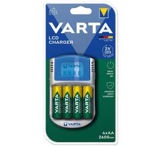 VARTA Ladegerät LCD Charger für4 Akkus AA/AAA mit 4AkkusAA 2700mAh, Adapter 12V, Kabel USB