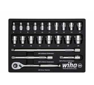 Wiha Ratschenschlüssel Set 3/8" 22-tlg inkl. Schaumeinlage, Chrom-Vanadium-Stahl Werkzeug für Montage & Installation