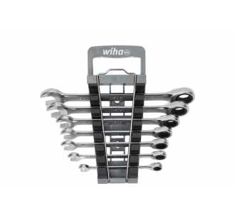 Wiha Ringratschen-Gabelschlüssel Set 8-teilig, Hochwertiges Werkzeugset für effizientes Arbeiten inklusive Halter, Chrom-Vanadium-Stahl, Doppel-Sechsk